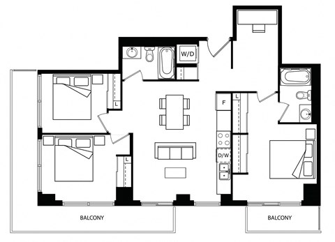 Floor plan for 3 beds, 2 baths, 998 sqft